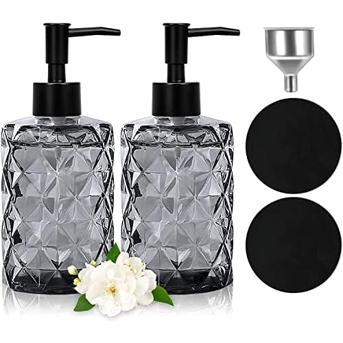 Seifenspender Schwarz, Seifenspender Glas für Badezimmer, Nachfüllbarer Pumpspender für die Küche mit Edelstahltrichter, 2 Untersetzer, 330 ml Vintage-Soap Dispenser mit Mattschwarzer Pumpe