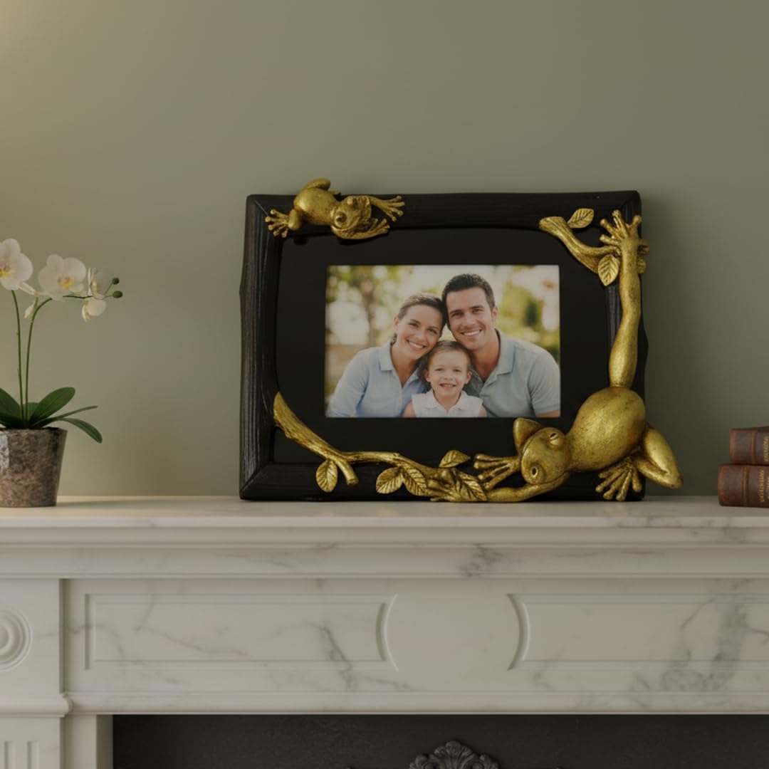 Decorative Tree frog Hand-Crafted resin Picture Frame for Tabletop Tree frog Mother and Baby Design Home Décor.. Wildlife Tree frog Figurine. Mother’s day gift （5″X7″） (Gold)