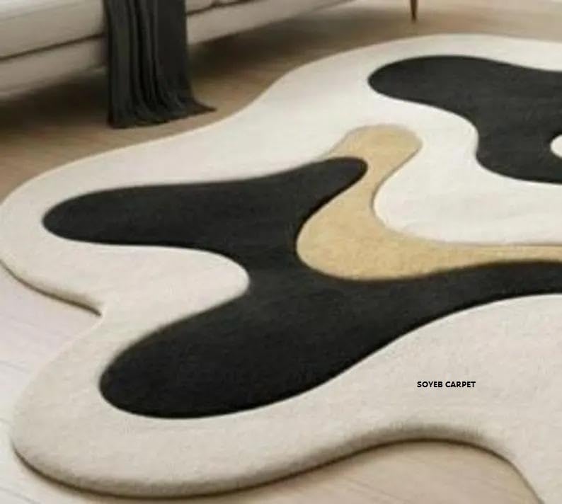 Image of Irregualr Shape Hand Tufted Carpet Pure Soft Wool Non Slip & Durable Easy to Clean Floor Area Rug Modern Design Carpet for Living Room 5X8 Feet (150x240 cm)