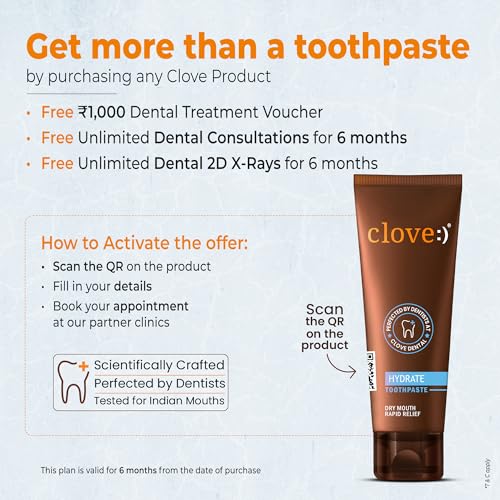 Image of Clove Hydrate combo, , FREE ₹2000 Dental Treatment / Services With Every Pack, Hydrate Toothpaste with ultra soft toothbrush , Dry Mouth Solution, Boosts Saliva Production , Fights Bad Breath , 4160 dupont tynex bristles