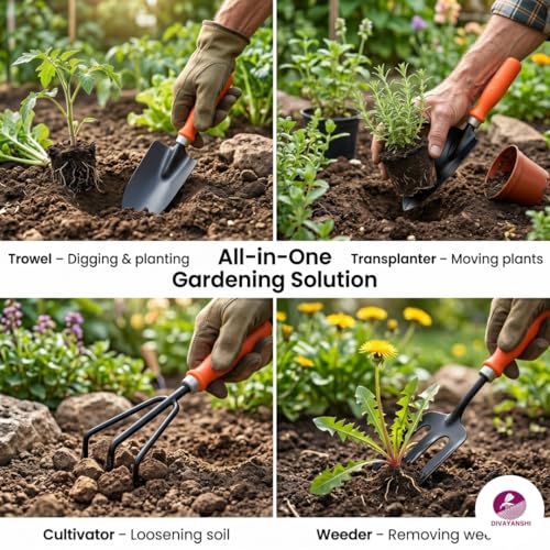 Image of Divayanshi Gardening Tools Set of 5 | Hand Trowel, Transplanter, Cultivator & Weeder | Durable Garden Tool Kit with Comfortable Grip for Planting & Weeding