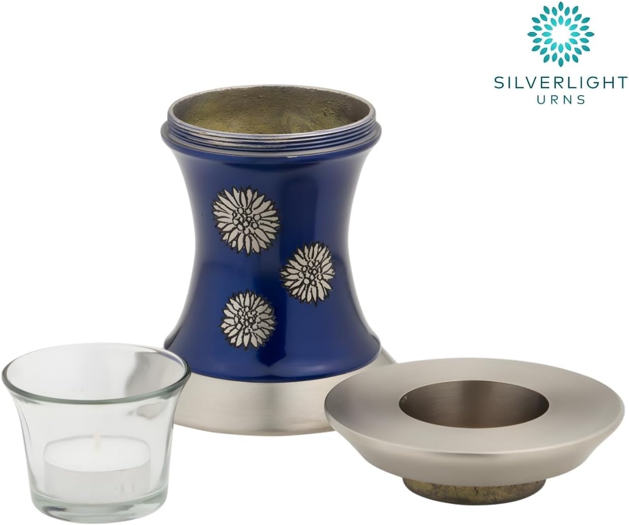 Flowers of Peace Tealight Urn for Ashes - Blue, Brass Memorial Candle Urn, Extra Small, 5.5 Inches High