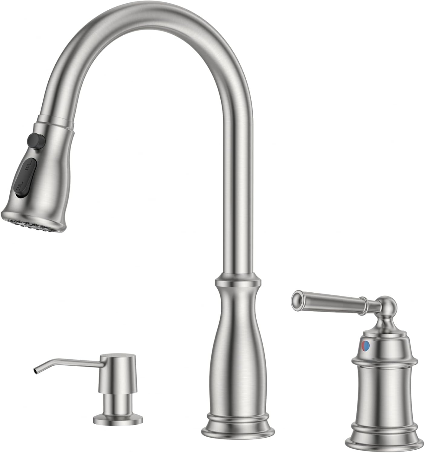DAYONE 3 Holes Kitchen Sink Faucets with Pull Down Sprayer and Soap Dispenser, Separate Handle Brushed Nickel Sink Faucet for Kitchen, 2 Holes Single Handle High Arc