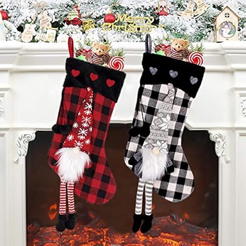 Patimate Christmas Stockings, Christmas Stockings Personalized, Christmas Stockings for Family, Kids, Christmas Tree Decorations (2 Pack, Red Black Grid,Black White Grid) Cover