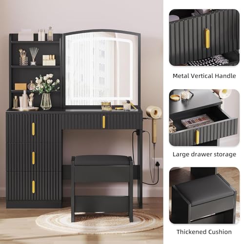 DWVO Makeup Vanity Desk with LED Lighted Mirror & Power Outlet, Fluted Large Vanity Set with 4 Drawers, 3 Color Brightness Adjustable, Lots Storage Dressing Table with Chair for Bedroom, Black