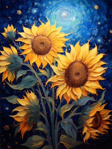 Kit Punto Croce Prestampato, Serie di dipinti ad olio Girasoli sotto le stelle,R Ricami Disegni Punto Croce Kit da Ricamare Quadri per Bambini Principianti, Set Ricamo Punto Croce Schemi Stampato