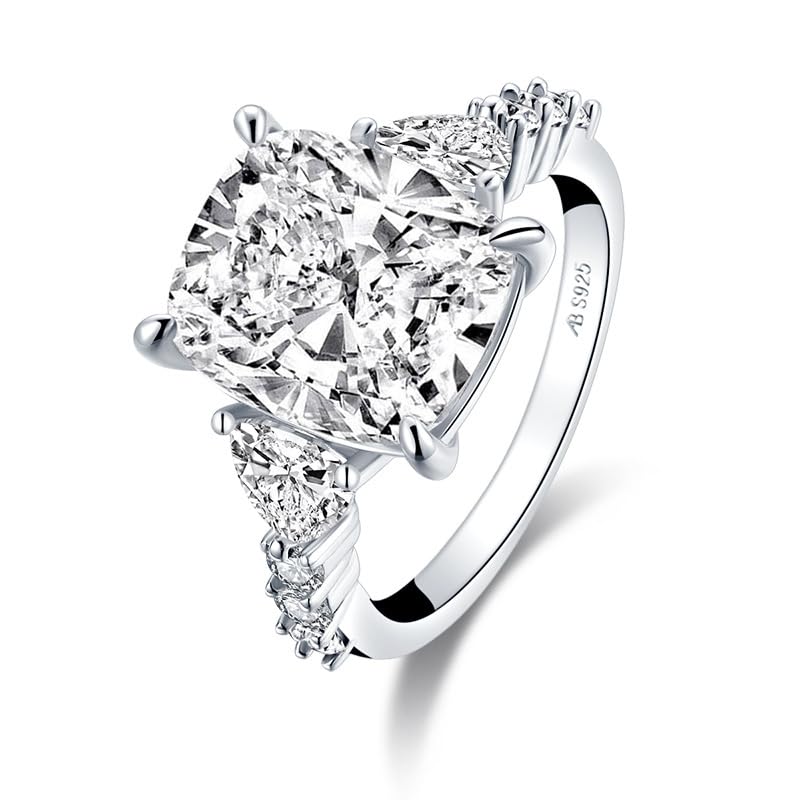 4 Carat Moissanite Diamond Ring, Engagement Rings for Women, Cushion Cut, Promise Ring, 3 Stones Wedding Band Jewelry, White Gold Plated Sterling Silver 3.5ct D Color VVS1