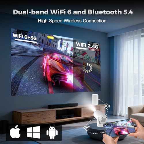 Image of Mini Projector with WiFi 6 and Bluetooth 5.4, Android 14 Smart Projector with Electric Focus, 180 Rotatable Stand, HD Portable Movie Projector for Bedroom, Home and Outdoor Use