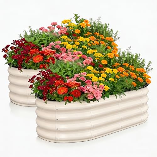 GRASQUILINE 2 Pack Galvanized Raised Garden Beds Outdoor, 4 x 2 x 1 ft White Metal Garden Bed, Oval Open-Bottom Raised Planter Box for Vegetables, Flowers, Herbs, Backyard Patio