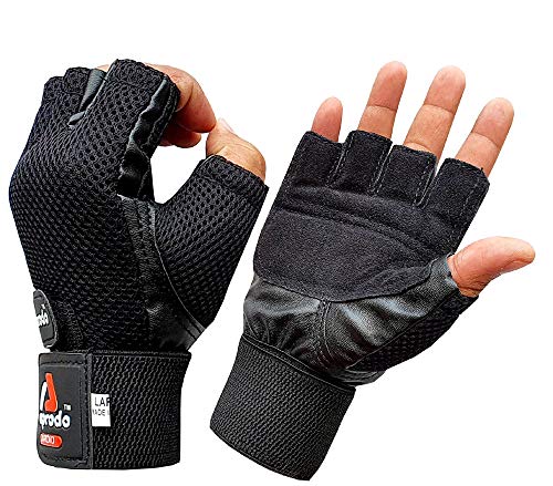 APRODO Leather Palm Gym Gloves with Wrist Support + Double Stitched