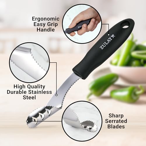Zulay Kitchen Jalapeno Corer & Seed Remover – 430 Stainless Steel Pepper Coring Tool with Serrated Blade for Effortless Deseeding – Chili, Bell Pepper and Jalapeno Core Remover for Cooking & Grilling - Thumbnail 3