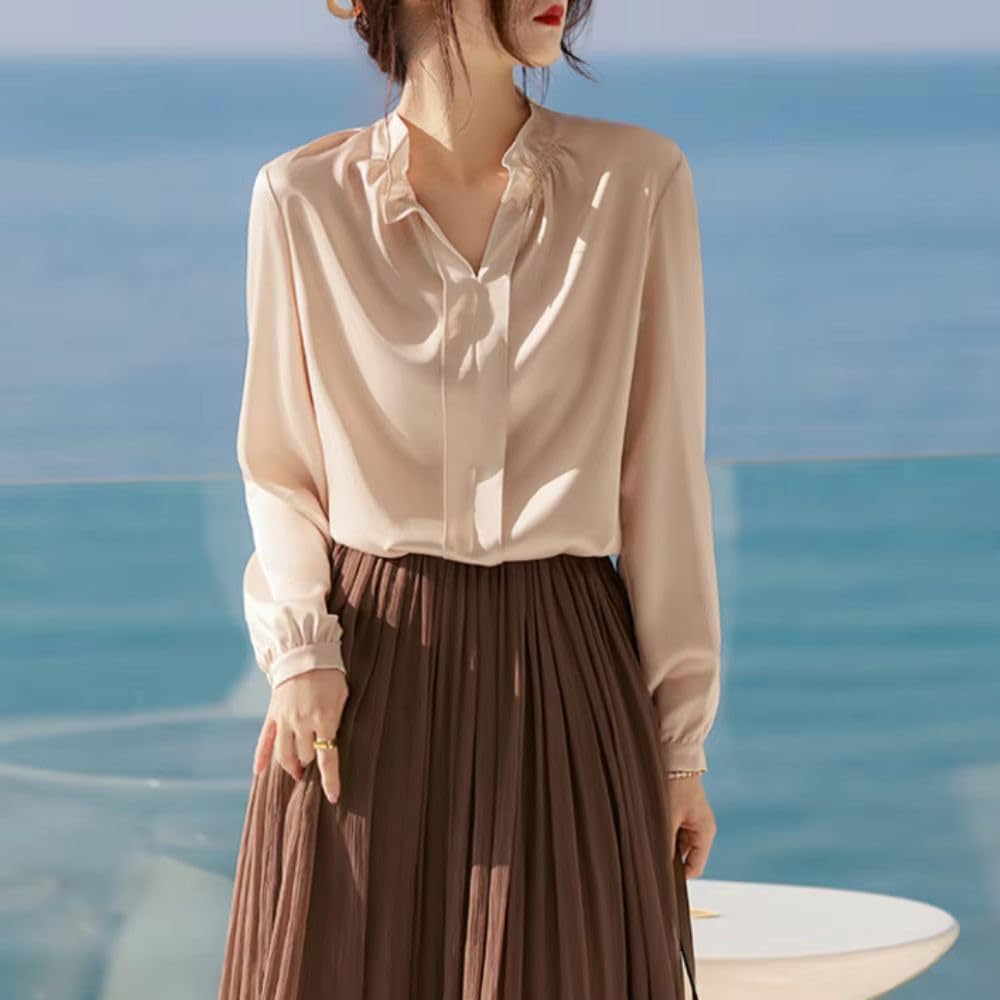 Women's Elegant Satin Thin Blouse Shirt Summer Loose Solid Casual Top Korean Clothing