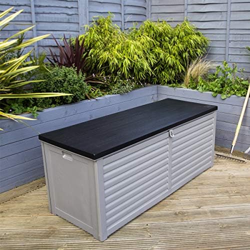 Charles Bentley 390L Large Outdoor Garden Plastic Storage Box, Padlock Hasp, 143.5 x 53.4 x 56.8cm, Grey/Black