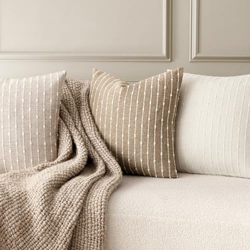 Image of Foindtower Pack of 2 Decorative Jacquard Boucle Throw Pillow Covers Accent Textured Striped Pillowcases Cozy Modern Cushion for Couch Sofa Bedroom Living Room Home Decor 18x18 Inch Camel