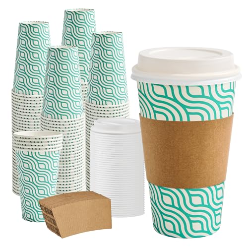 RACETOP 16 oz Paper Coffee Cups with Lids & Sleeves, 100 Pack, Green