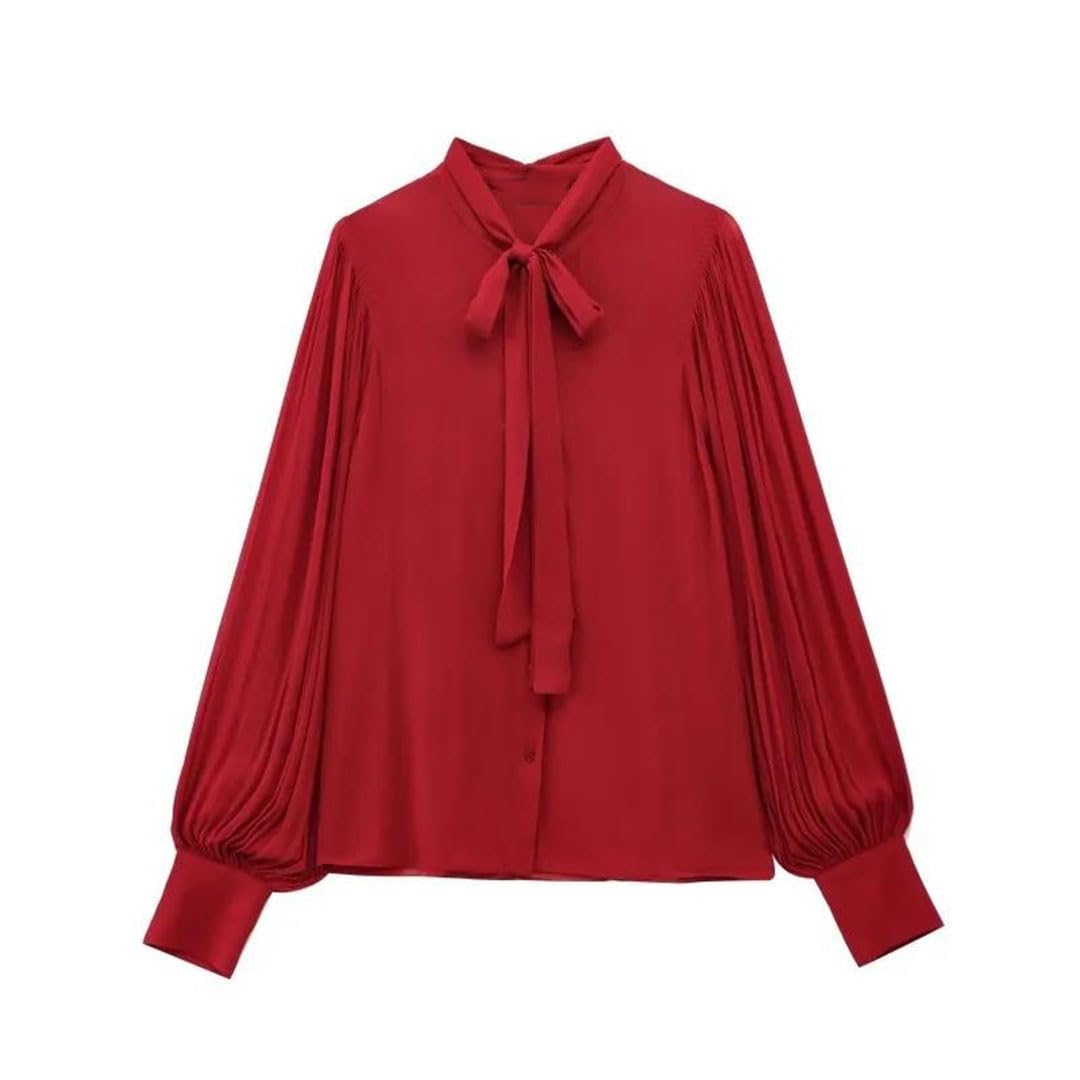 Elegancka bluzka damska z długim rękawem vintage bluzka czerwona kokardka bluzka, Czerwony, S