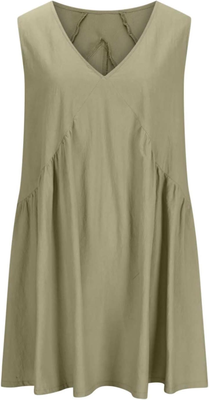 HGps8w Women's Summer Patchwork Babydoll Mini Dress Loose V Neck Sleeveless Oversized Pleated Swing Sundress with Pockets