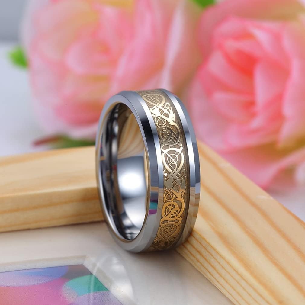 Men's Celtic Dragon Ring 8MM Silver/Black/Blue/Red/Gold Carbon Fiber Stainless Steel Wedding Band for Men Women Engagement Bands High Polished Beveled Edges Promise Rings Comfort Fit Size 5-13 - Image 9