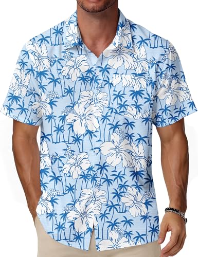 WISMBOX Hawaiihemd Herren Kurzarm mit Brusttasche, Buntes Sommerhemd Regular Fit, Funky Aloha Strandhemd für Urlaub Freizeit & Party