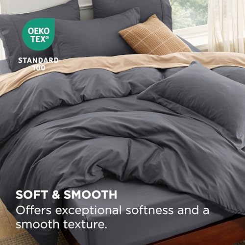 Image of Bedsure Duvet Cover with Fitted Sheet Queen - 6 Pieces, Deep Pocket, Hotel Luxury Soft Double Brushed Bedding Set, 1 Duvet Cover, 1 Fitted Sheet, 2 Pillow Shams, 2 Pillowcases, NO Comforter, Dark Grey