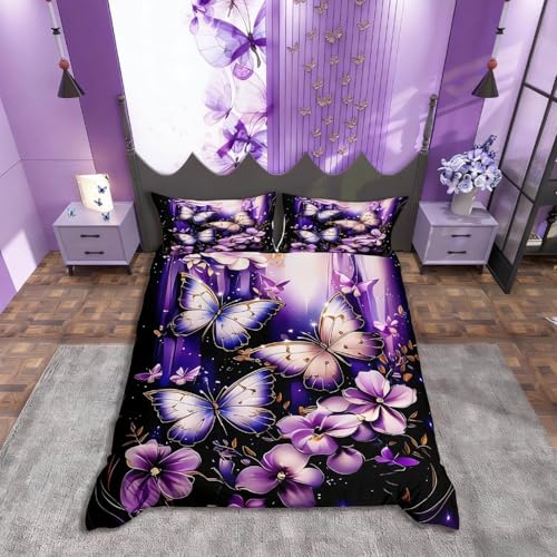 richhome Papillons Housse de Couette 220x240cm Fleurs Motif Floral décoratif Parure de Lit Beau Papillon Literie Set Violet Housse de Couette