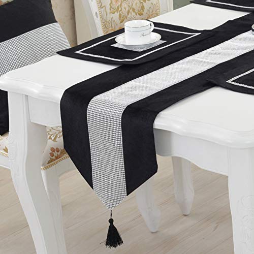 Vilygret 13X72 Inch Fashion Table Runner, Sequined Rhinestone Runners with Diamante Strip and Elegant Tassels for Home Kitchen Party Wedding Christmas Decorations, Black by Vilygret - Used condition - US$10.68