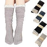 4 Pack Women Cotton Knit Boot Socks Knee High Socks Stockings with Lace Trim, Free size, Beige Black...