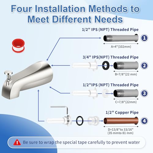 Universal Tub Spout with Diverter, Fits 1/2\" Slip on Copper Pipe and 1/2\" IPS & 3/4\" IPS Threaded, Bathroom Tub Faucet Replacement, Bathtub Spout with Adapter and Hex Wrench (Brushed Nickel)
