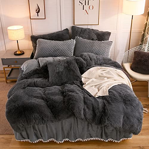 Liferevo 2 Pack Diamond Quilted Velvet Bed Pillowcases, Pom Poms Fringe Decorative Throw Pillow Shams Set Of 2, Soft Bed Pillow Cases Zipper Closure For Teen's Girls Bedroom (Dark Gray, King) #TOP7