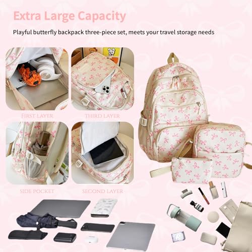 Coquette Bow Backpack 3Pcs Set - Cute Kawaii Daypack for Women/Girls | Multi-Pocket Aesthetic Rucksack with Pink Bow Pattern (Bow Blue)3