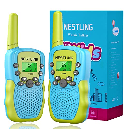 Nestling Juguetes Niños 3-12 Años, 2PCS Walkie Talkie, Largo Alcance 3KM 8 Canales LCD Pantalla VOX Walkies, Regalos Cumpleaños de Niños o Niñas para Camping, Aventura, Senderismo (Azul Verde)