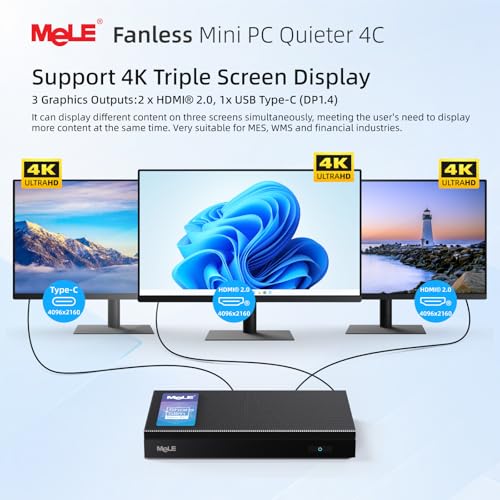 Image of MeLE Quieter 4C Fanless Mini PC N150 (up to 3.6GHz) 8GB RAM 128GB eMMC | Support 2 HDMI + USB-C Triple Display, WiFi 5 BT5.1 GbE, Quiet, No Dust, Support Win11 /10 & Linux, Unlocked BIOS, Low Power
