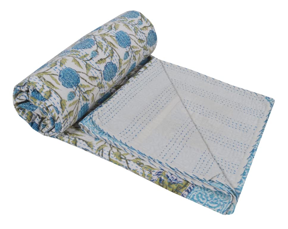 V Vedant Designs Indian Handmade Floral Cotton Pattern Kantha Bedspread, Kantha Quilt, BedCover, Blanket Throw Perfect for Gifting Kantha Gudari (Blue02, Queen)