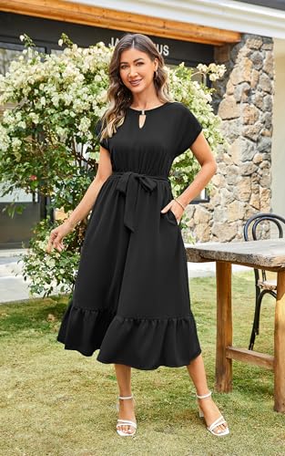 Image of ECOWISH Womens Casual Midi Dresses Solid V Neck Short Sleeve Button Shirt Belted Dress with Pockets for Spring Summer 2026