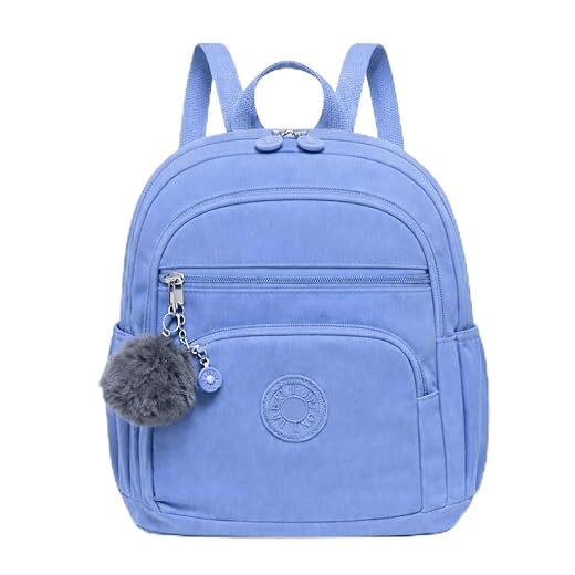 Mini Mochila Feminina de Nylon Impermeável, Extremamente Leve e Resistente a Água, Mochila Pequena com Pompom, Mochilinha Versátil com 4 Zíperes