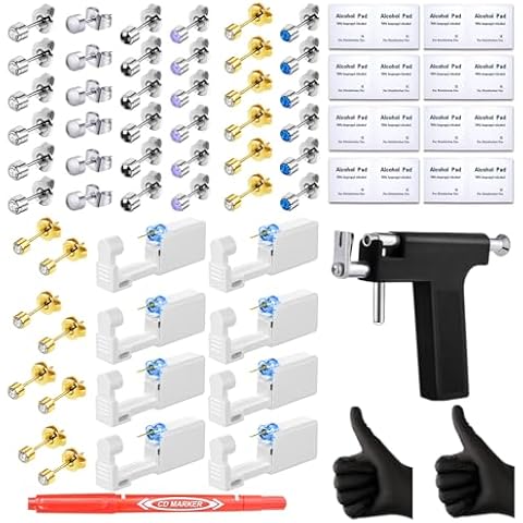 Get the Perfect Ear Piercing with 72Pcs Premium Ear Piercing Kit - Includes 44 Pcs Earrings Stud and 9 Easy-to-Use Self Ear Piercing Gun - Safe and Painless Cover