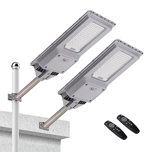 LANGY 2 PACK Luzes solares de rua exteriores ao anoitecer 400 W, luz de estacionamento comercial IP67, 30000 LM luzes solares de rua exteriores luzes solares de inundação com sensor de movimento