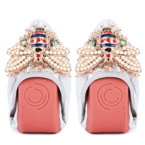 Stylein Women Ballet Flats Rhinestone Bee Ballerina Shoes Foldable Sparkly Comfort Slip On Flat Shoes Silver #TOP13
