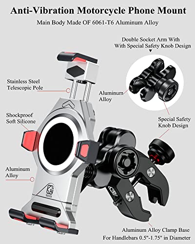Aluminum Alloy Motorcycle Phone Mount With Vibration Dampener & High-Speed Secure Lock, Brcovan Metal Handlebar Cell Phone Holder For Motorcycle Bike Bicycle Scooter Atv/Utv Fit 4.7''-7.2'' Smartphone #TOP3