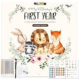 Baby's First Year Calendar with Stickers - 1st Year Tracker and Memory Book for Girls and Boys - Document and Cherish Milestones with Pocket and Drill Free Adhesive Hook