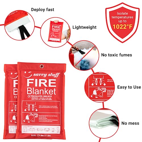 Savvy Stuff Emergency Fire Blanket For Home & Kitchen – Fiberglass Flame Cover For Inside & Outside Emergency Use – Household Cooking, Camping Travel, Fireplace, Car & Garage – Two Pack Of Supplies #TOP3