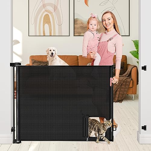 Retractable Baby Gate with Door 55" Wide Mesh Baby Gates with Cat Door Retractable Dog Gate for The House Outdoor Retractable Gate with Pet Door Pet Gates for Dogs Safety Outdoor Baby Gates for Kids