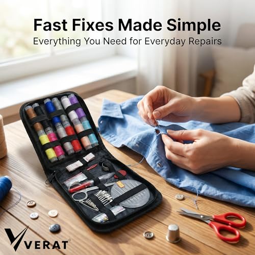 Image of 74 Pieces Sewing Kit Box with Thread, Needles & Scissors - Complete Sui Dhaga Tailoring Accessories Set with Needle Threader, Measuring Tape & Buttons - Portable Travel Stitching Kit for Home & Sewing Machine Use