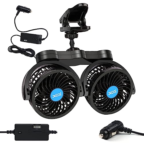 XOOL Clip Car Fan, Adjustable Dual Head 4 Inches 12V Fan for Front/Rear Seat Passenger, 360° Rotatable Electric Car Cooling Fans with Stepless Speed Regulation for SUV, RV, Vehicles by XOOL - Used condition - US$18.89