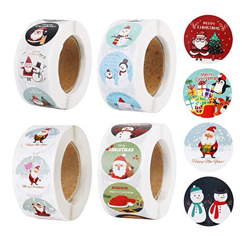 Lot de 2 000 autocollants de Noël, bonhomme de neige, elfe, cloches, neige, renne, 4 rouleaux d'autocollants ronds pour décorations de Noël pour enfants Cover