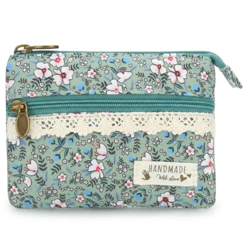 GUXL Women Small Zipper Coin Purse Handmade Fabric Flower Embroidered Change Pouch Cotton Double Zipper Wallet