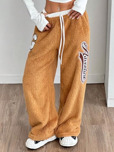 Image of ZAFUL Women's Fuzzy Plush Pajama Pants Wide Leg Pj Bottoms Lounge Pants