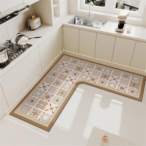 Köksmatta köksgolvmatta, L-formad halkfri tvättbar vattentät anti-trötthet, stående matta, kiselslam, lång matta för hall, diskho, tvätt, kontor, entré (kakel, 70 x 70 x 45 cm)