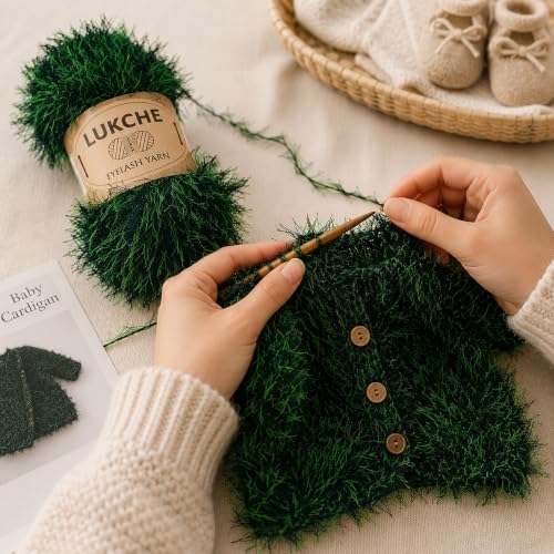 Image of Eyelash Fun Fur Yarn Premium 100% Polyester 164 Yds (150 Mt), 3.53 Oz (100 Gr) Colorful Crochet Yarn Dıy Hand Knitting. (Black-Green, 1 Skein)
