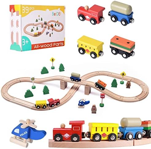 BetDEF Wooden Train Set,39 Pcs-with All-Wood Train Tracks with Double Sided Wooden Tracks and Color Box for 3+ Year Old Boys and Girls Toddler-Fits Thomas Brio Melissa and Doug… (39PC)